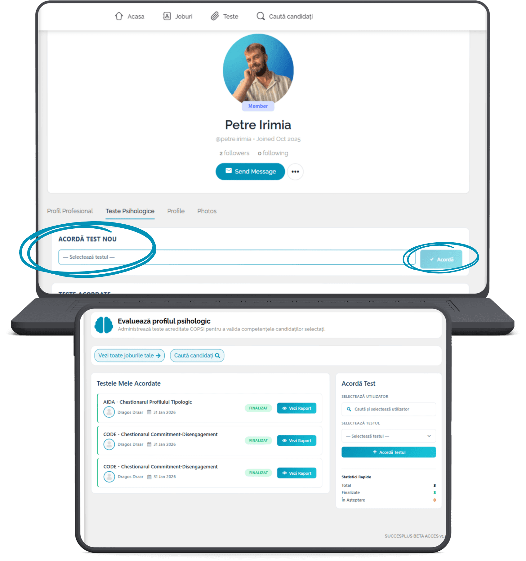 Interfață SuccesPlus – acordare test vocațional validat candidat